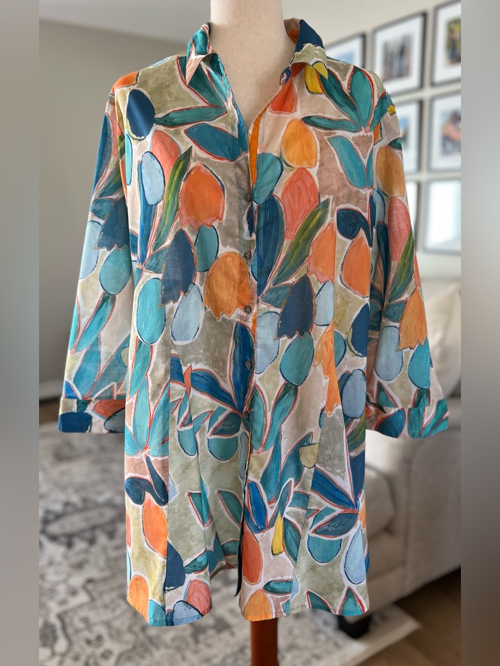 Nic & Zoe Citrus Grove Watercolor 100% Cotton Tunic Shirt Size Large